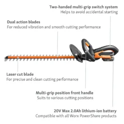 Worx WG260E.5 20V 2.0Ah Cordless Hedge Trimmer - 61cm -Outdoor Garden 13326412 9914900646513268