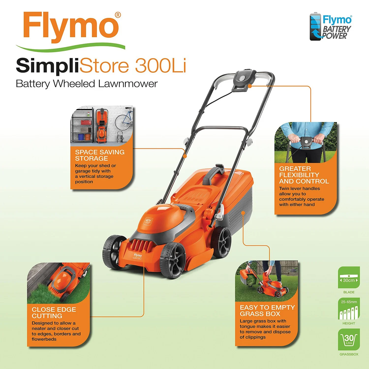 Flymo 40V SimpliStore 300R Li Cordless Lawn Mower - 30cm 4 Flymo 40V SimpliStore 300R Li Cordless Lawn Mower - 30cm - Image 2
