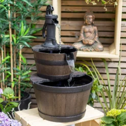 Stylish Fountain Whiskey Barrels Garden Water Feature -Outdoor Garden 13944159 1645005844956494